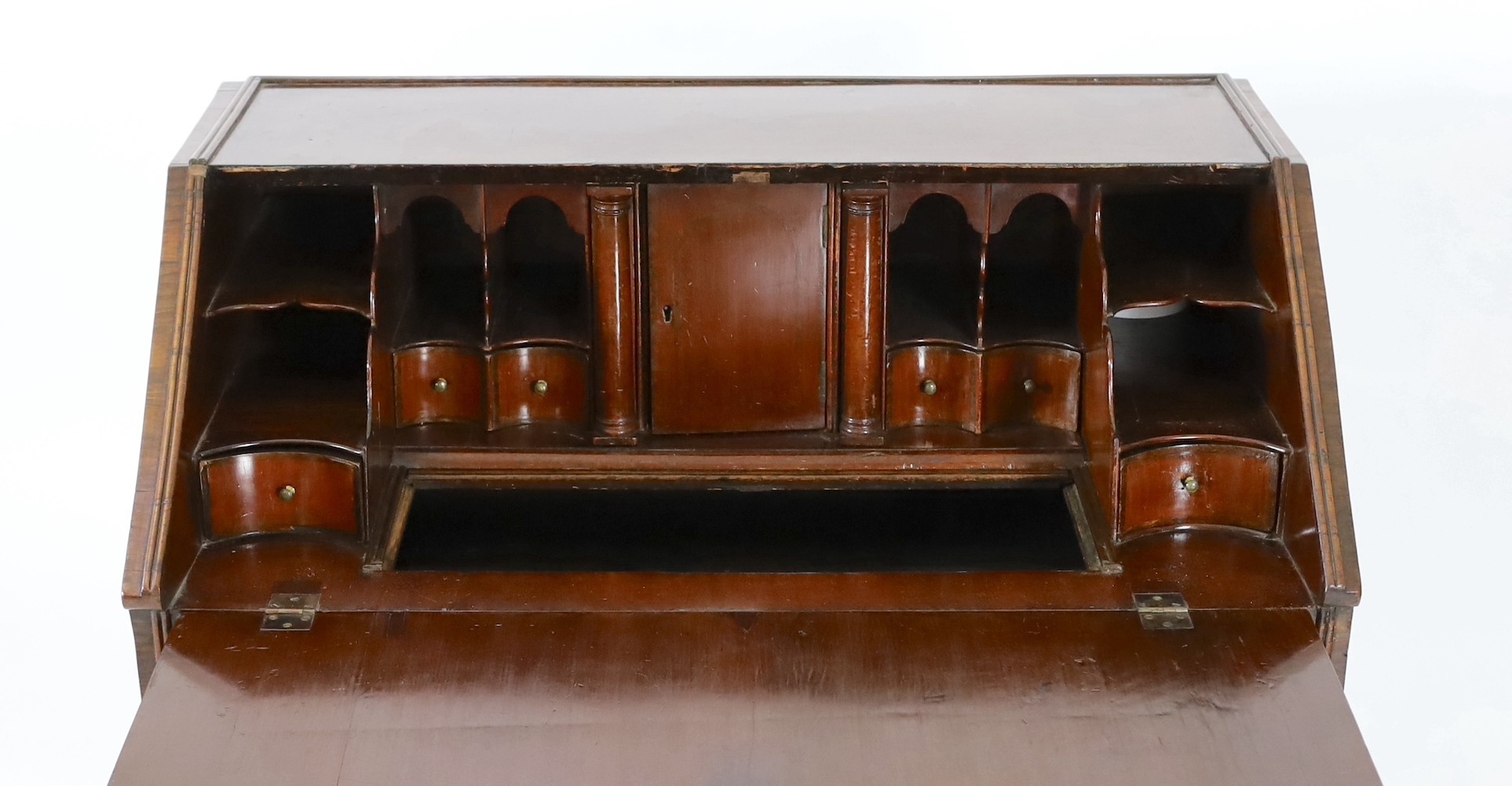 An early 18th century burr walnut bureau, W.105cm D.61cm H.108cm